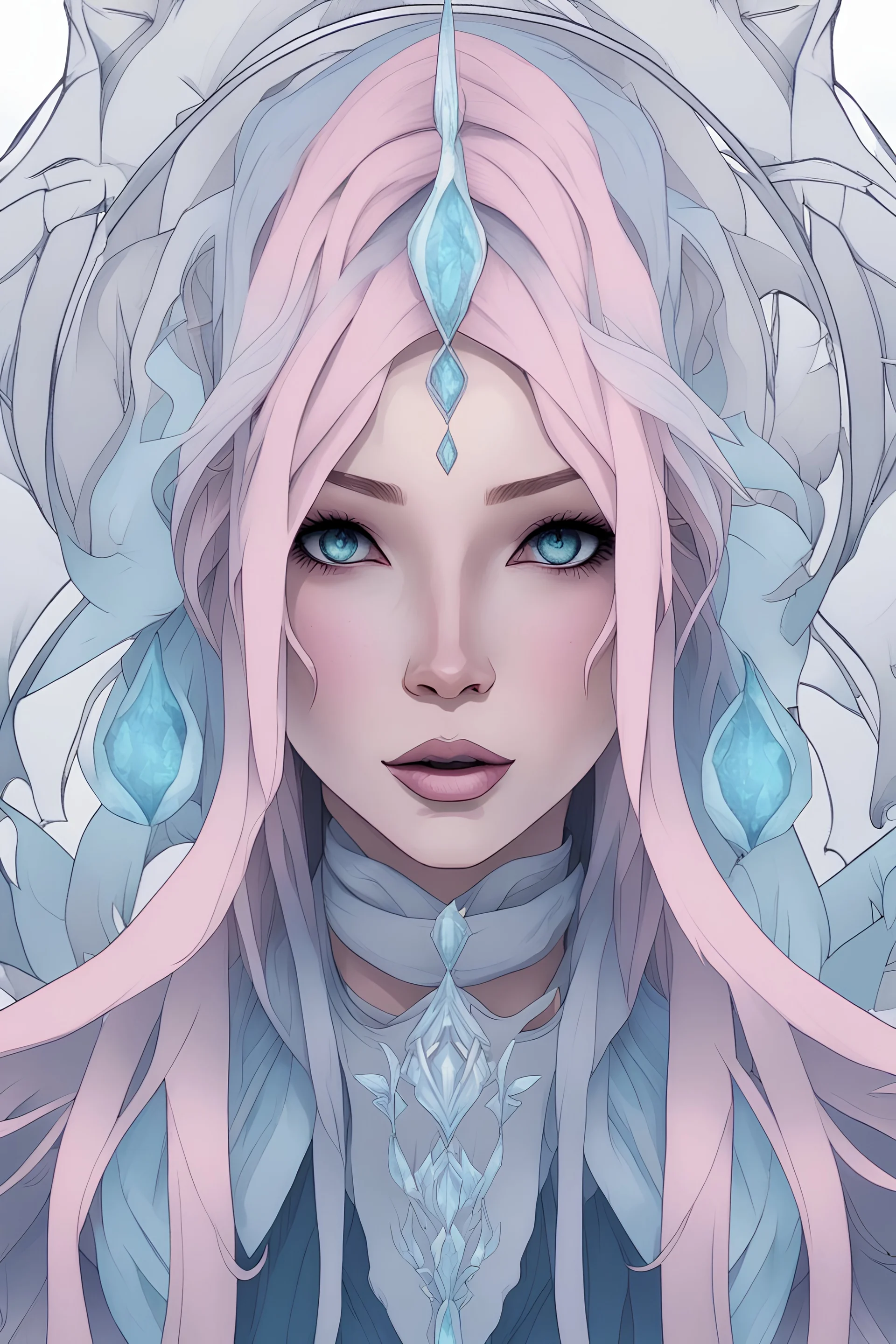 mixed race female with long straight pink hair, as an Ice mage in the style of balanced symmetry, black and blue, detailed facial features, frozen, ice, organic forms, muted tones, meticulous portraiture, complex patterns