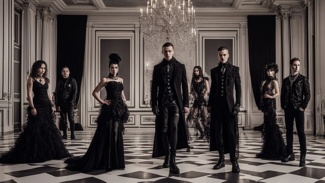 goth fashion, women and men in goth clothes and jewelry, at an elegant party in a grand ballroom. Group photo. high detailed, sharp focus, looking at the camera, cinematic, masterpiece, high realistic, perfect photo