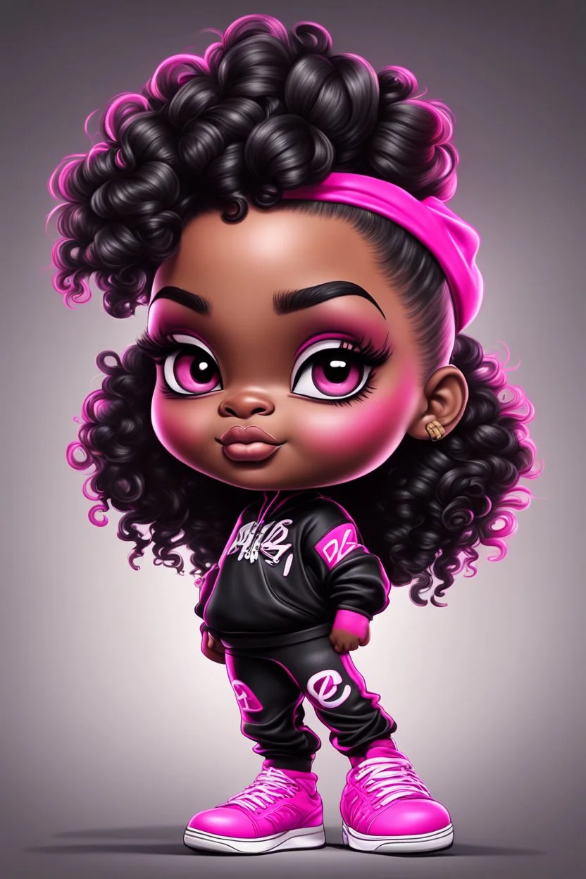 Create an airbrush image of a curvy chibi cartoon black female wearing a hot pink jogger set and black sneakers. Prominent make up with hazel eyes. Extremely highly detailed of messing curly bun