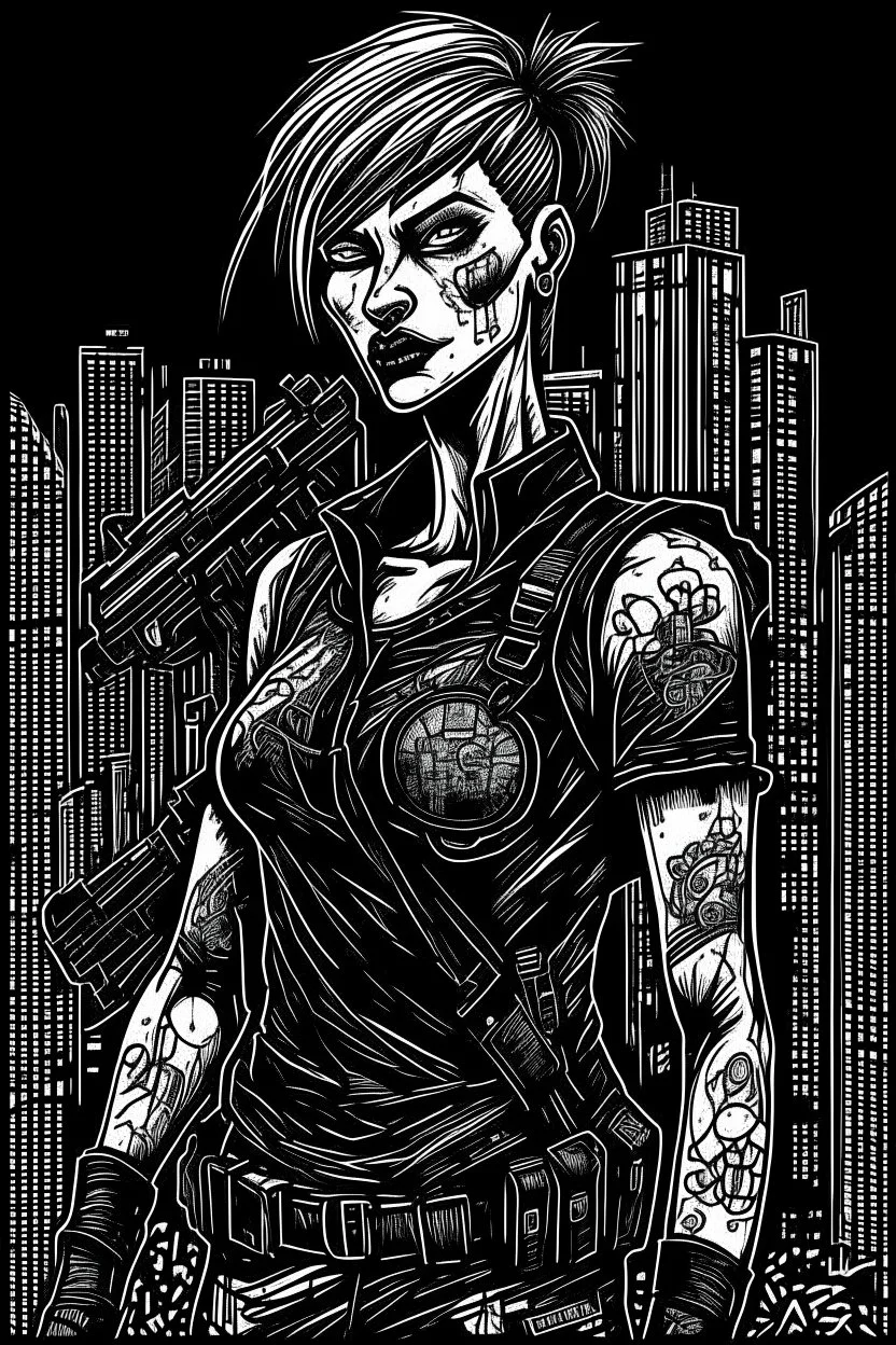 create a full body portrait illustration of a female cyberpunk private detective with prosthetic arm in flak vest, with highly detailed , sharply defined feminine facial features, in a chaotic, turbulent, otherworldly London in the style of Junji Ito, precisely drawn, inked, with dramatic edges,