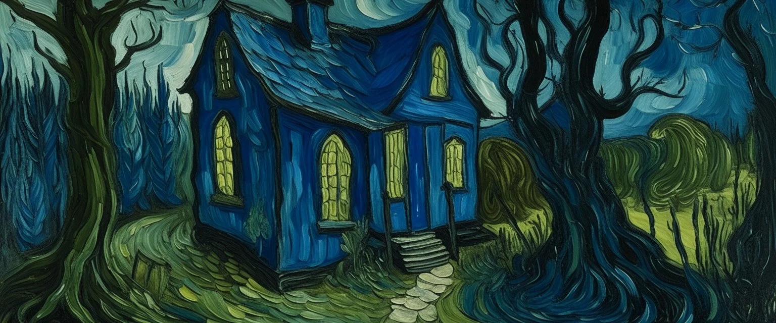 A blackish blue tricky witch's cottage painted by Vincent van Gogh