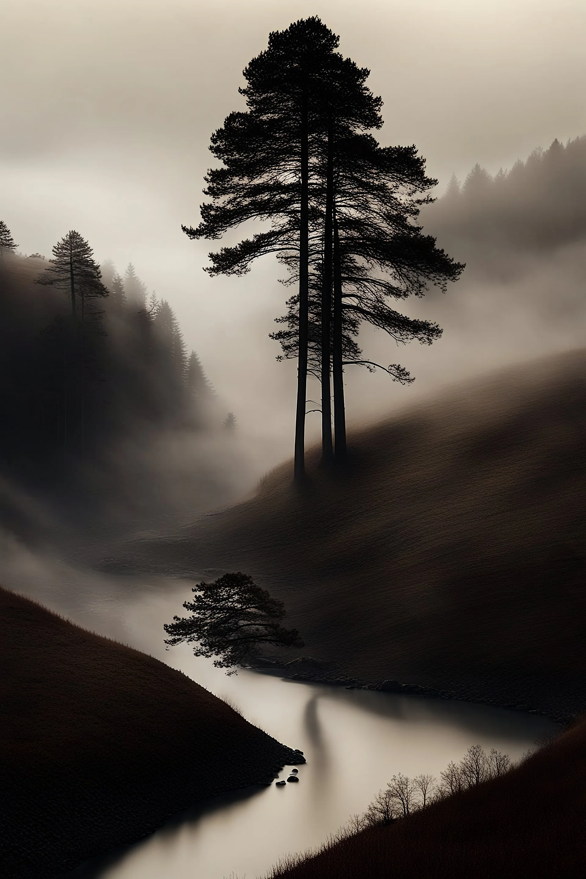 an ultra realistic photograph of a hillside in the mist and fog with sparse groups of pines with a river flowing through