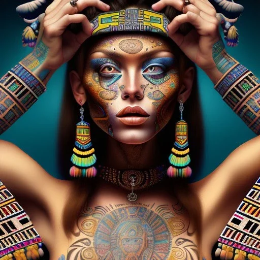 dibujo al oleo de cuerpo entero de mujer tribal Azteca bella con tatuajes estilo Gustav Klimt 4k