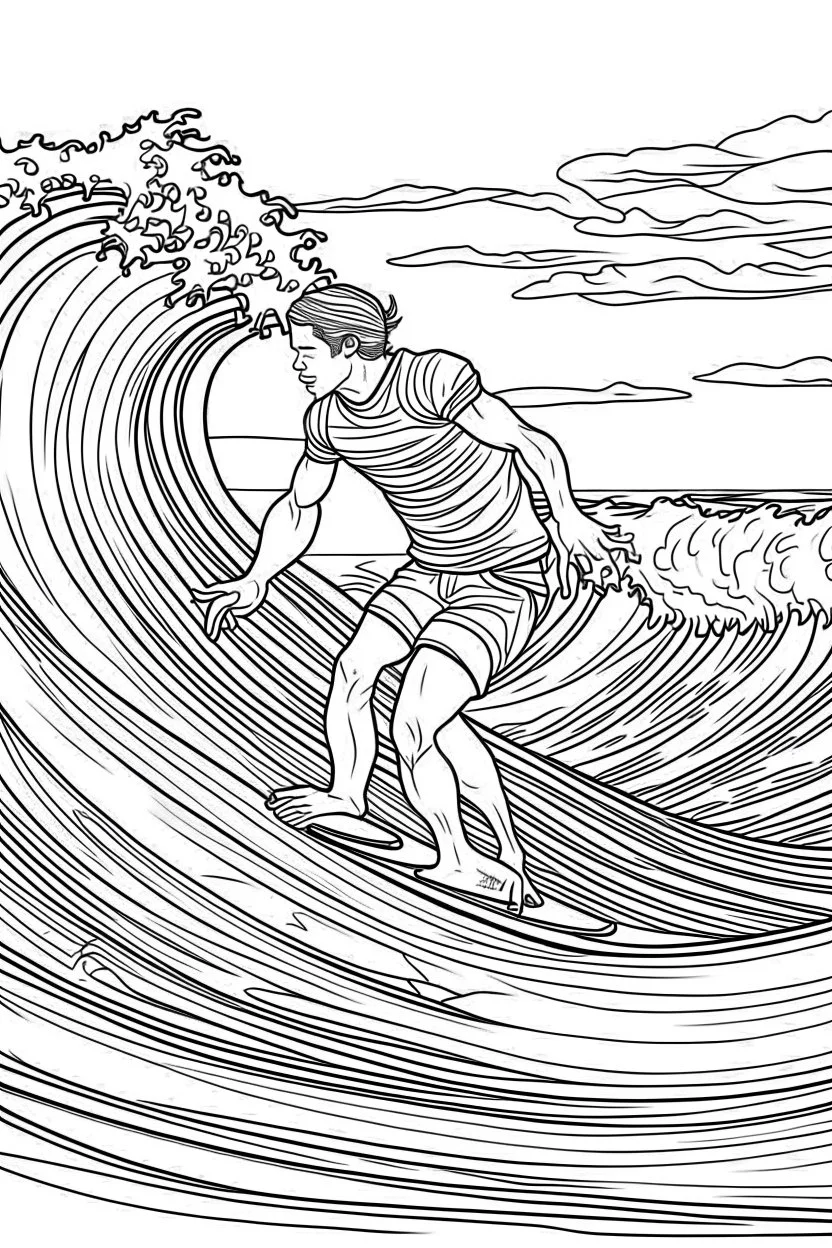 Outline art for coloring page OF A SURFER IN SHORTS RIDING A WAVE IN HAWAII LOOKING AWAY FROM US, coloring page, white background, Sketch style, only use outline, clean line art, white background, no shadows, no shading, no color, clear