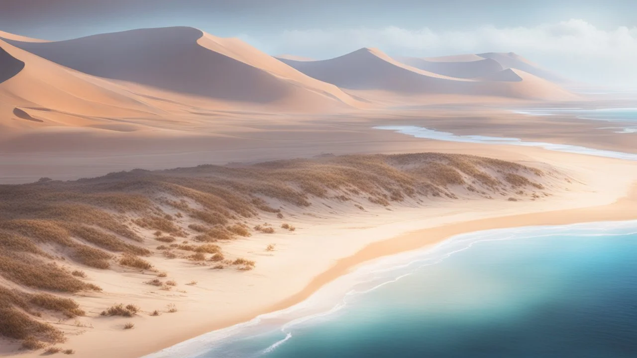 the coast of a desert seen from the top of a dune. bones on the beach. fantasy, cinematic lighting, hyper realisme, Hyperrealistic, splash art, concept art, mid shot, intricately detailed, color depth, dramatic, 2/3 face angle, side light, colorful background