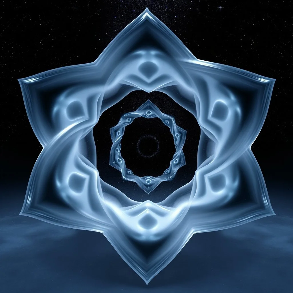 Mesmerizing abstract visual, 3d recursive Symmetrical structure of flowing translucent shapes, centered, soft aesthetic, negetive space.galaxsy background