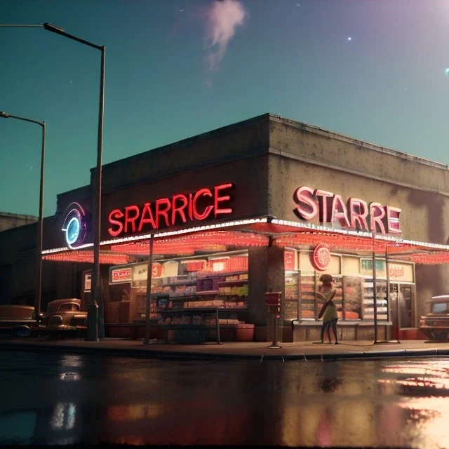 Ultra Realistic retro sci-fi afire Supermarket parking scene, 1960 year, many people running. blonde woman, sweet scarlet Johansson face, perfect iris, glow eyes, face makeup, tight latex coat; many panic people, Retro sci-fi style, soft color, highly detailed, unreal engine 5, ray tracing, RTX, lumen lighting, ultra detail, volumetric lighting, 3d, finely drawn, high definition, high resolution.