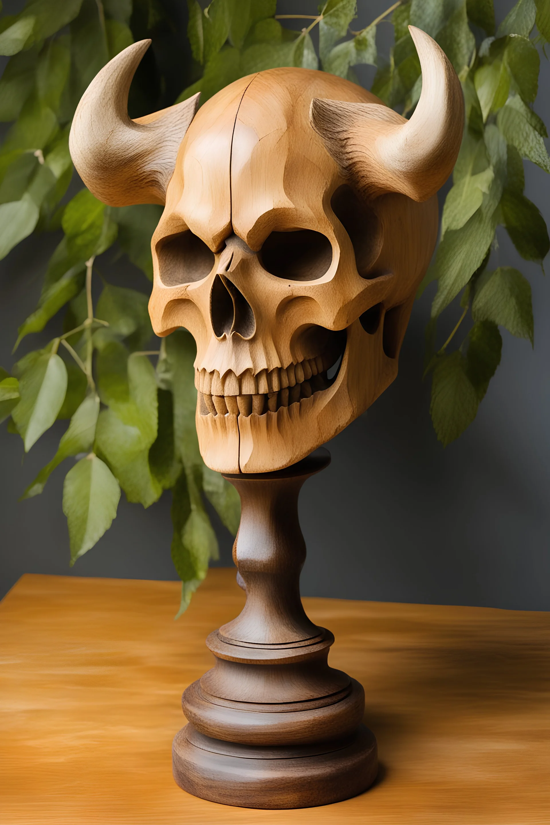 devil skull, sculpture, hand carved in old birch, front and side view