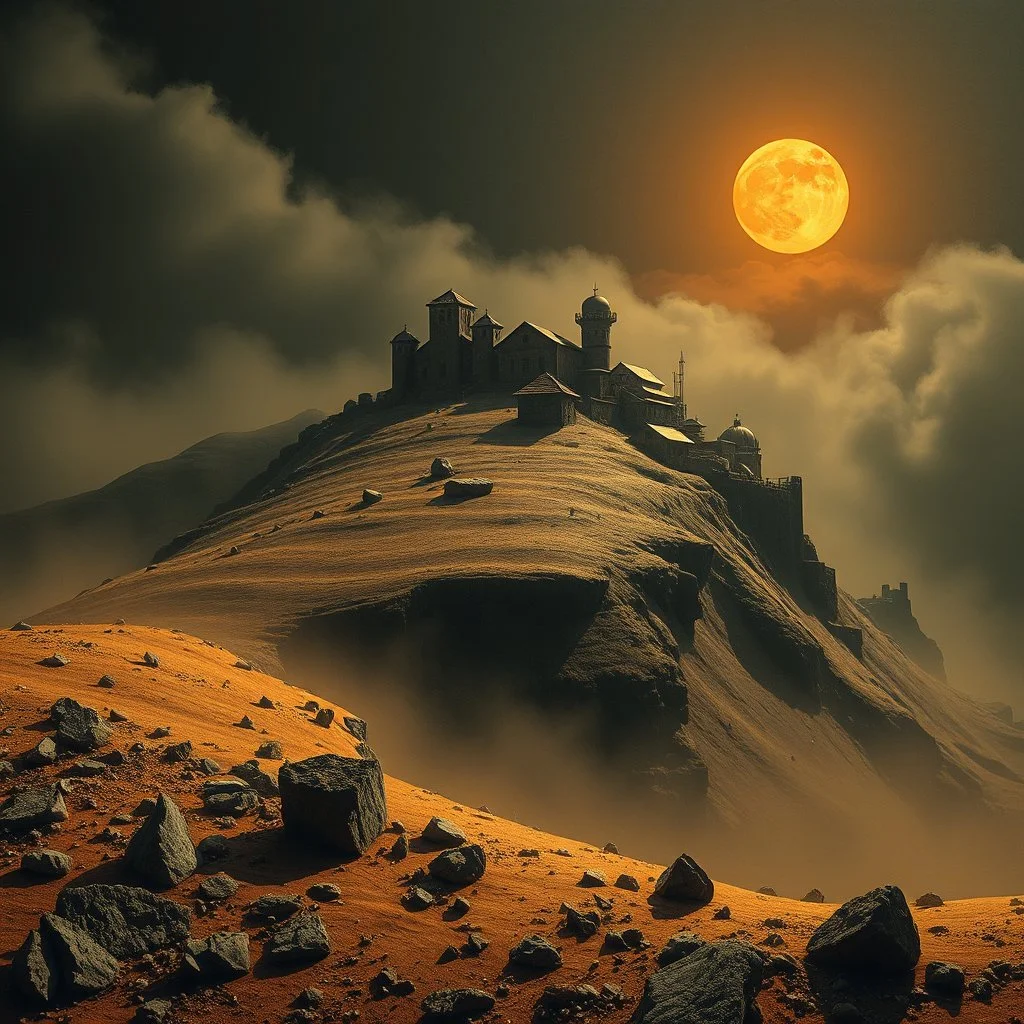 A wasteland with village on the top of a hill, creepy, details of the dust very accentuated, glossy organic mass, adorned with minerals and rocks. Decal, bas-relief. Bathed in intense light, eerie, Max Ernst style, black sun, fog