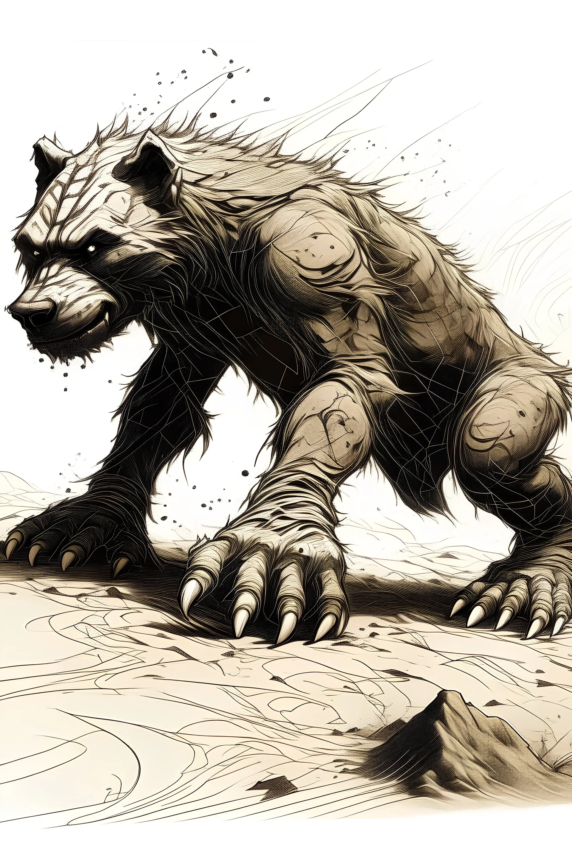 Generate an AI illustration capturing the distinctive tracks of a gnoll in dirt. Highlight the savage imprint of their clawed feet and the erratic pattern, evoking the feral essence of these predatory creatures.