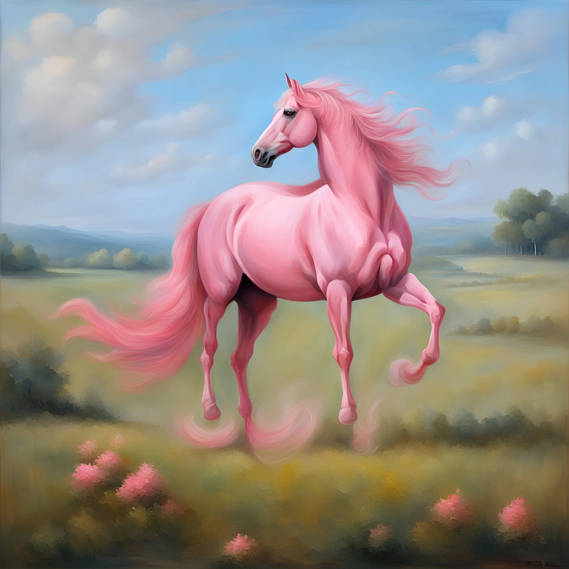 a pink horse like a 19th painting