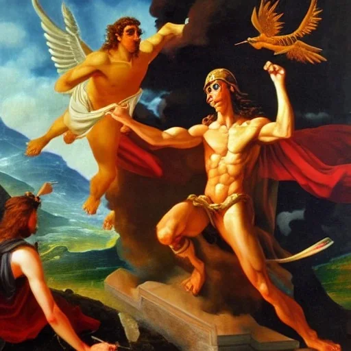 The winged messenger Hermes delivering a message to Zeus but Zeus is a Hydra. Medusa and the Minotaur are fighting in the background. High definition oil painting.