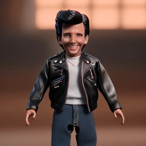 wide view young Fonzie with black hair greaser toy Action figure doll 1975 (thumbs-up) (face) Forehead grin, fonzarelli, ((Arnold's drive-in)) eyes fonziE fonz