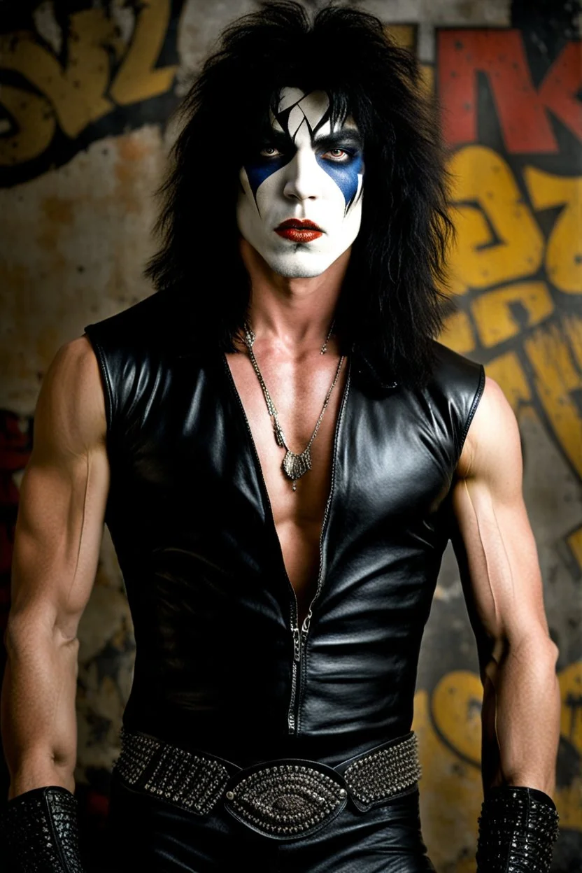 text 'KISS' - head and shoulders portrait, KISS - muscular 20-year-old Paul Stanley, Black star on right eye, Chest and stomach hair, black spandex and leather, 8-inch high platform boots, - a multicolored cement wall in the background,