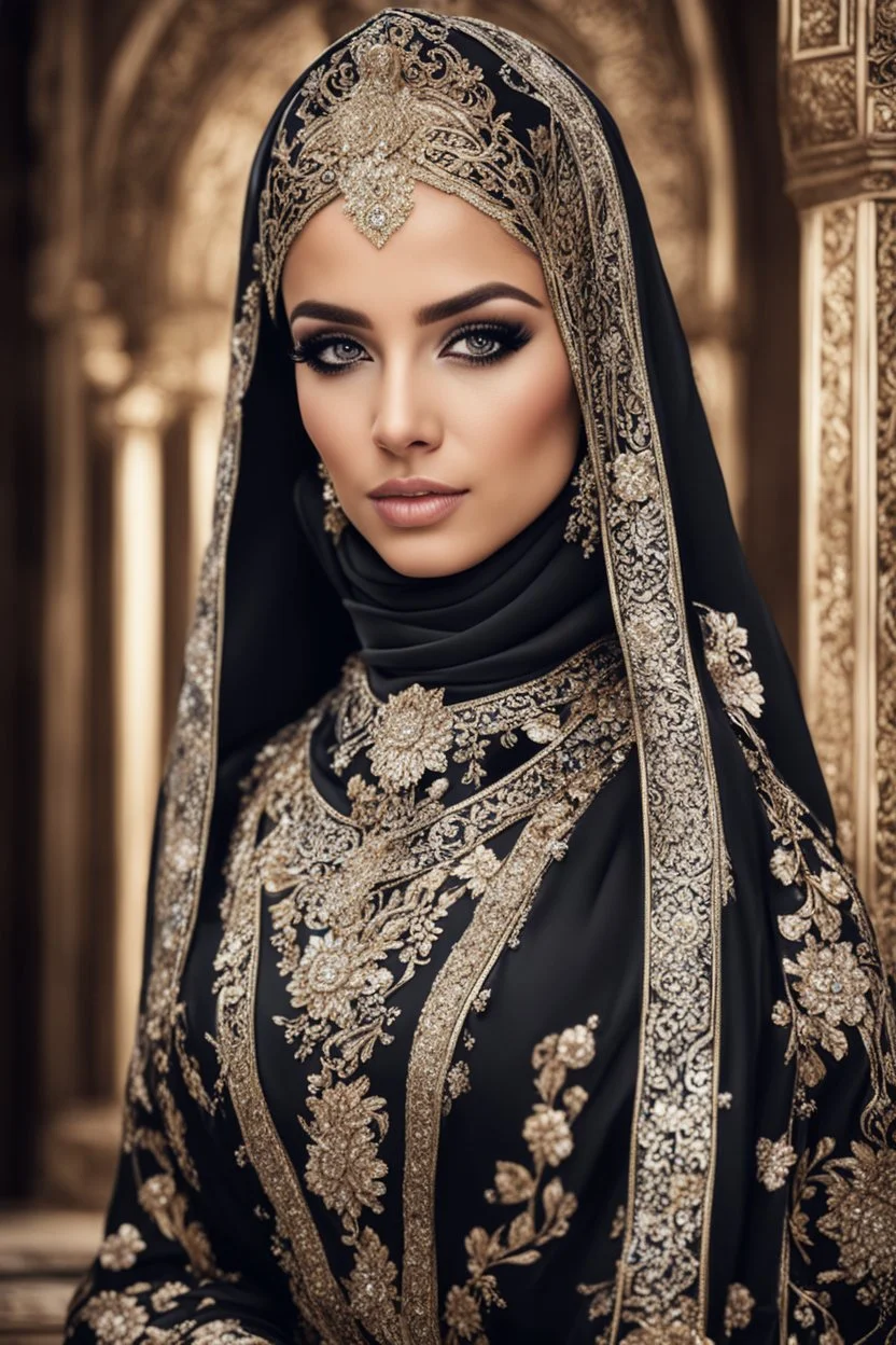 Gorgeous Realistic Photography Super model Arabian as Beautiful hijab girl dressing Arabia pattern flowers gown luxury black and jewelry,luxury palace background, close-up portrait