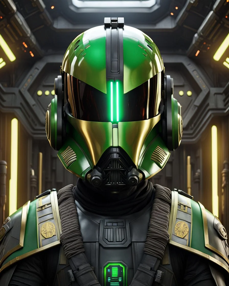 star wars bald male corellian pilot wearing black and bright gasoline green First Order special forces TIE pilot commando armored flightsuit and helmet with gold trim inside the jedi temple, centered head and shoulders portrait, hyperdetailed, dynamic lighting, hyperdetailed background, 8k resolution, volumetric lighting, light skin, fully symmetric details