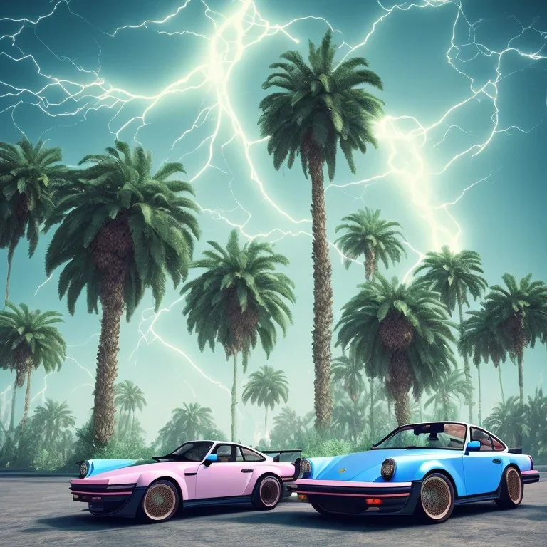 1980's aesthetic vaporwave palm trees and spheres and Porsche with lightning