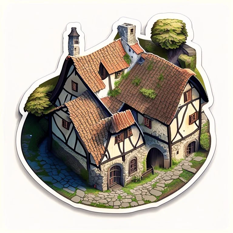 aerial view of a digital artwork of medieval village house as a sticker