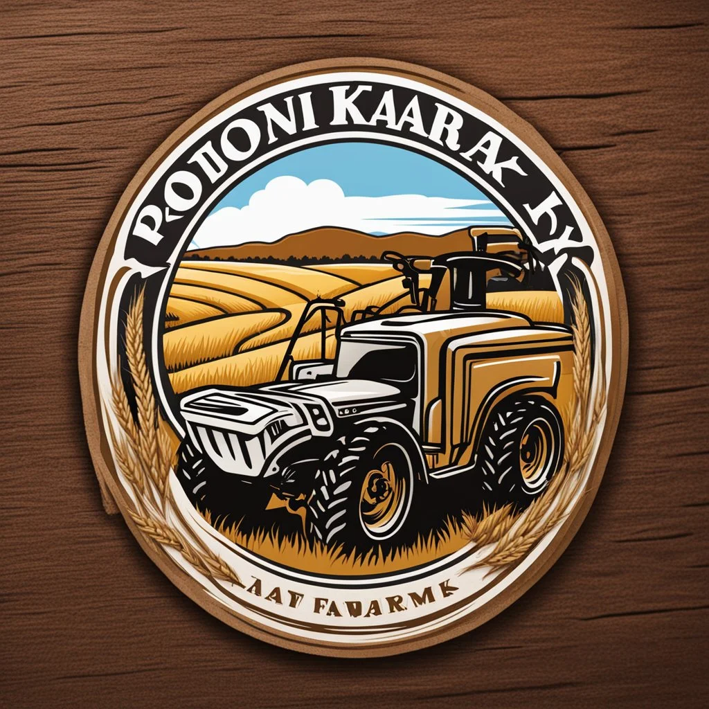 Truck Door Logo for a wheat farm, featuring a tractor and wheat, text "Pozniak Farms"