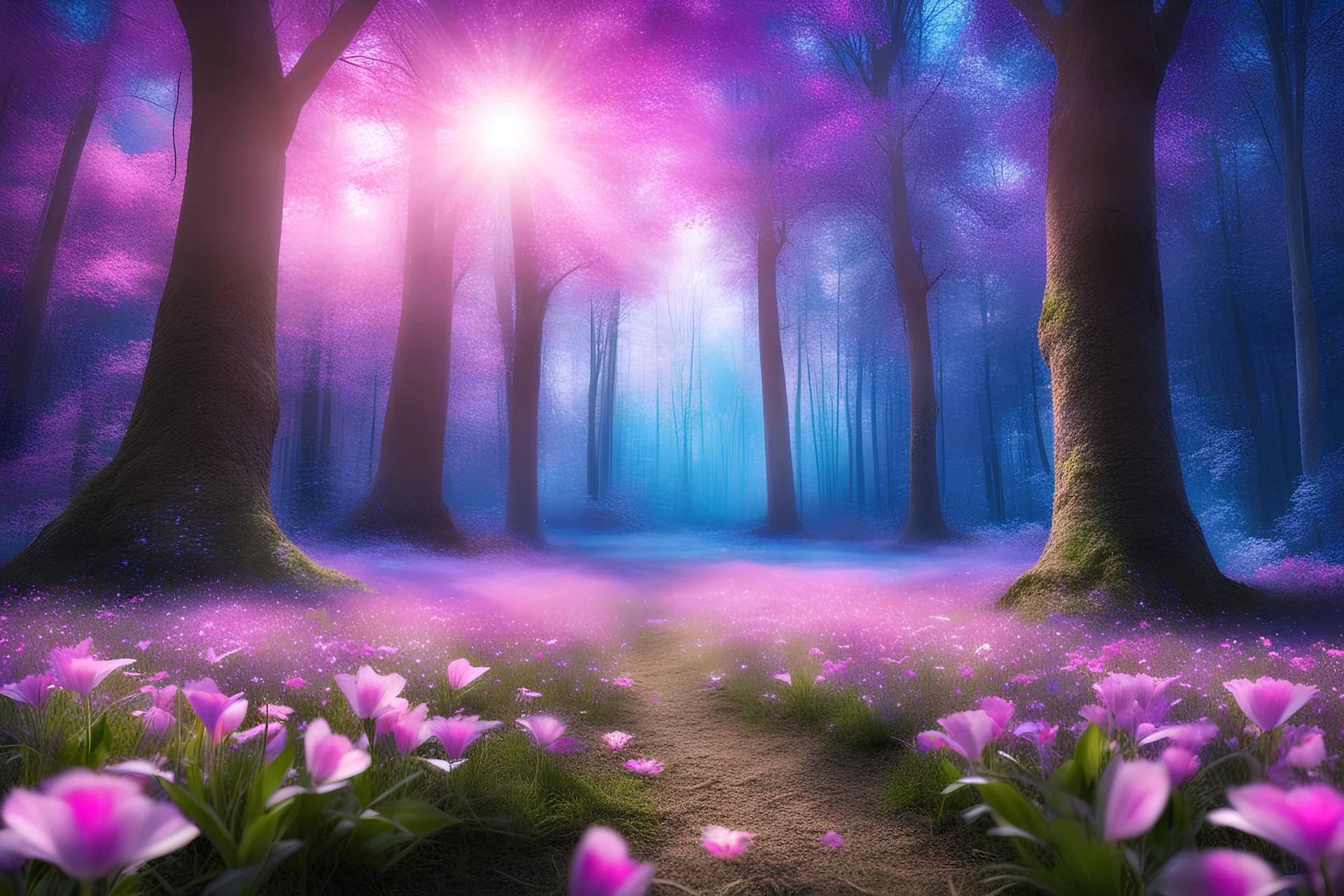 magic brightness tringle of light and bluebeam in a magic blue and pink lawn in a fairy forest, with lightness sky