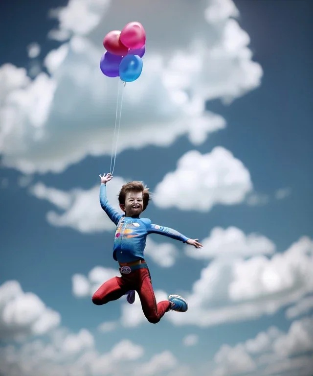 Ultra realistic clouds sky scene, wide angle, medium shot view, portrait, sweet Child, free jumping flying, trinkets, hair monster, jelly beans, balls, smile, happy, Peter Pan style, inflatable color clothing, extreme, wind, clouds sea, 20,000 feet altitude, stratosphere, soft color, highly detailed, unreal engine 5, ray tracing, RTX, lumen lighting, ultra detail, volumetric lighting, 3d, finely drawn, high definition, high resolution.