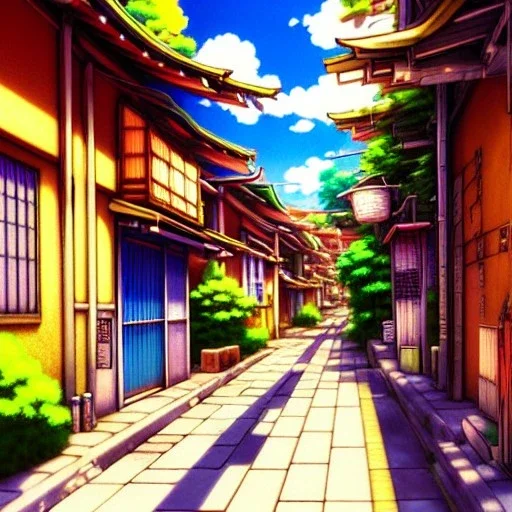 a beautiful digital anime style painting of osaka alleyway, relaxing summer day, masterpiece, sharp focus, intricate details, colourant colors, visually stunning, wide angel camera, octane render, volumetric lighting, vdb clouds, realistic shadows, uhd, 8k, art by hayao miyazaki