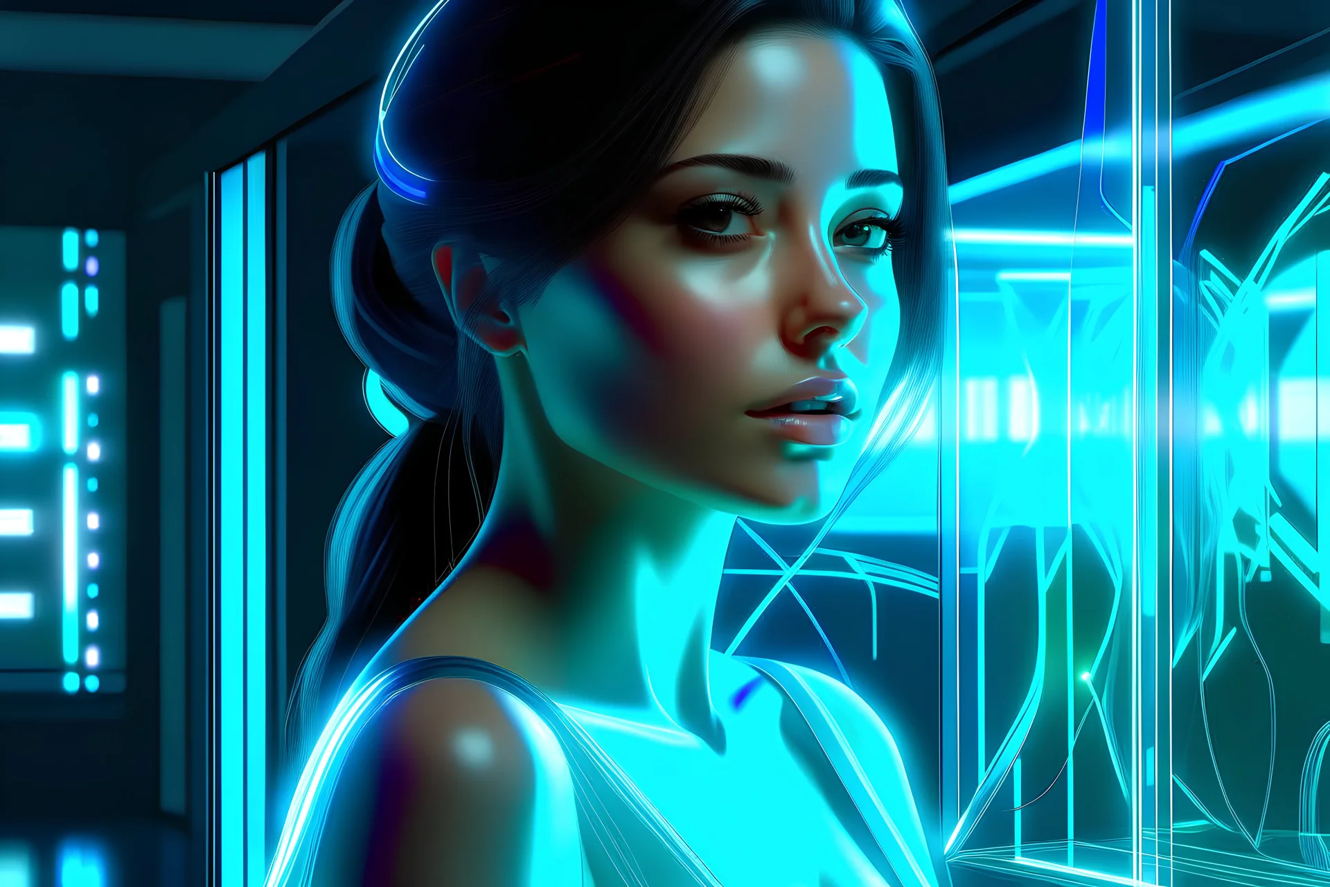 A digital art of a beautiful woman made entirely of glass. Cinematic. Realistic.