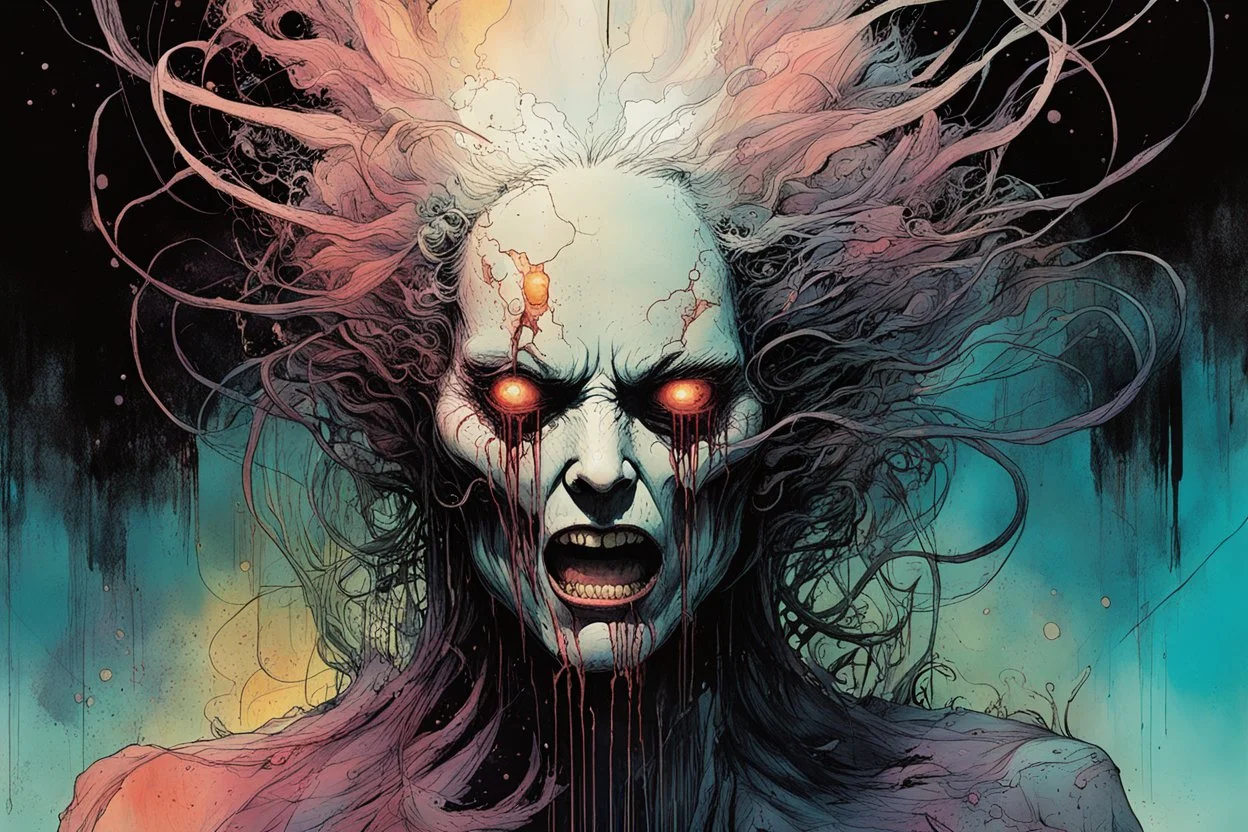 a surreal portrait of the inner workings of her disturbed mind as a nightmarish charnel house of screaming pain , in the comic book style of , Bill Sienkiewicz, , Alex Pardee , and Jean Giraud Moebius, muted natural color, sharp focus, ethereal , dark and foreboding