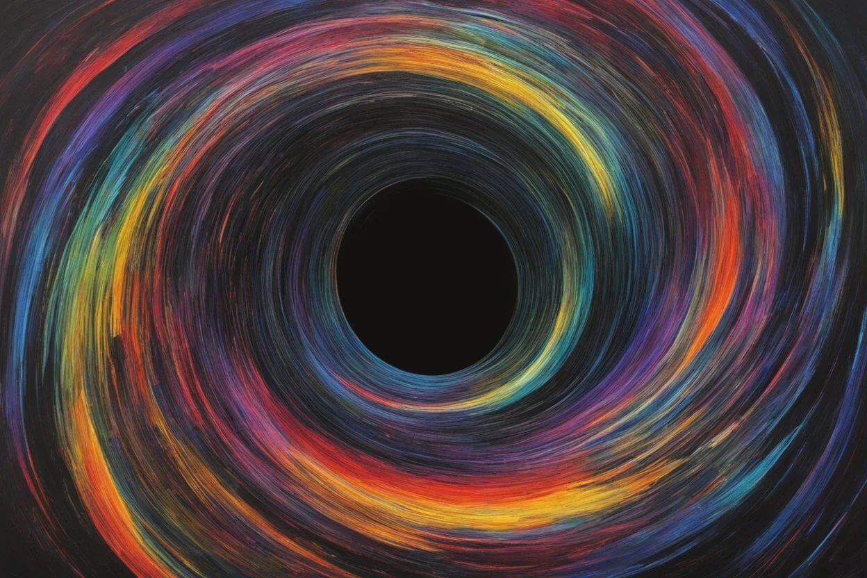 colorful, rainbow, A visually striking and abstract representation of the void and a black hole, utilizing dark hues and dynamic shapes to evoke the enigmatic and powerful aspects of cosmic emptiness, (visually striking abstract representation:1.4), (the void and black hole:1.5), (dark hues and dynamic shapes:1.3), (expressive and cosmic ambiance:1.2), drawing inspiration from abstract interpretations of the cosmic void and black hole phenomena