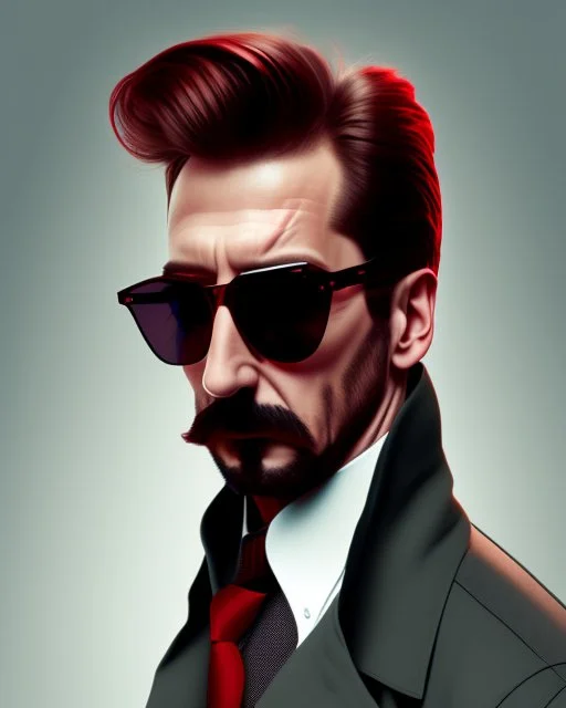 a man who looks like hans gruber wearing a trench coat and red sunglasses staring with a judgmental look on his face