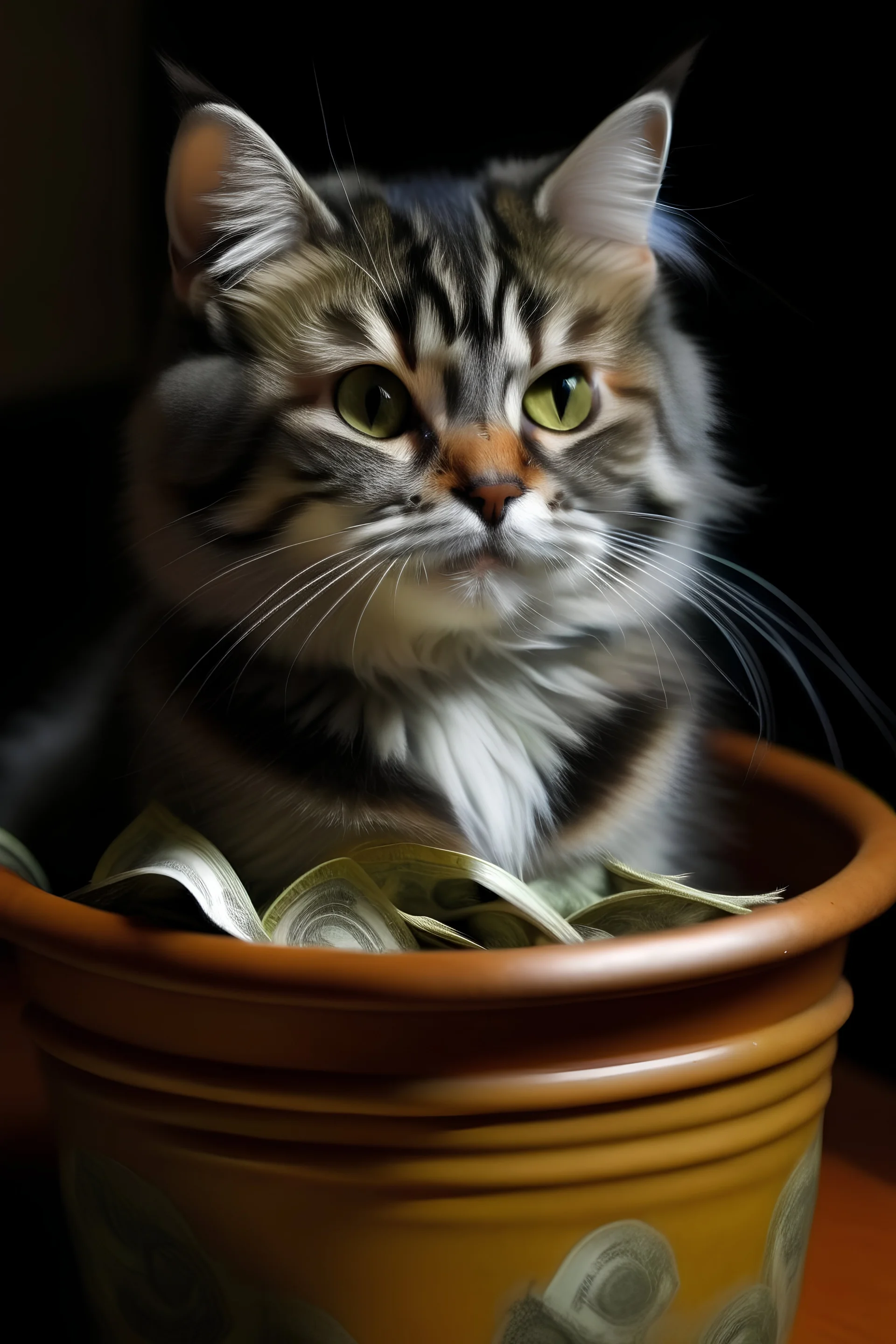 ведро с деньгами кошка