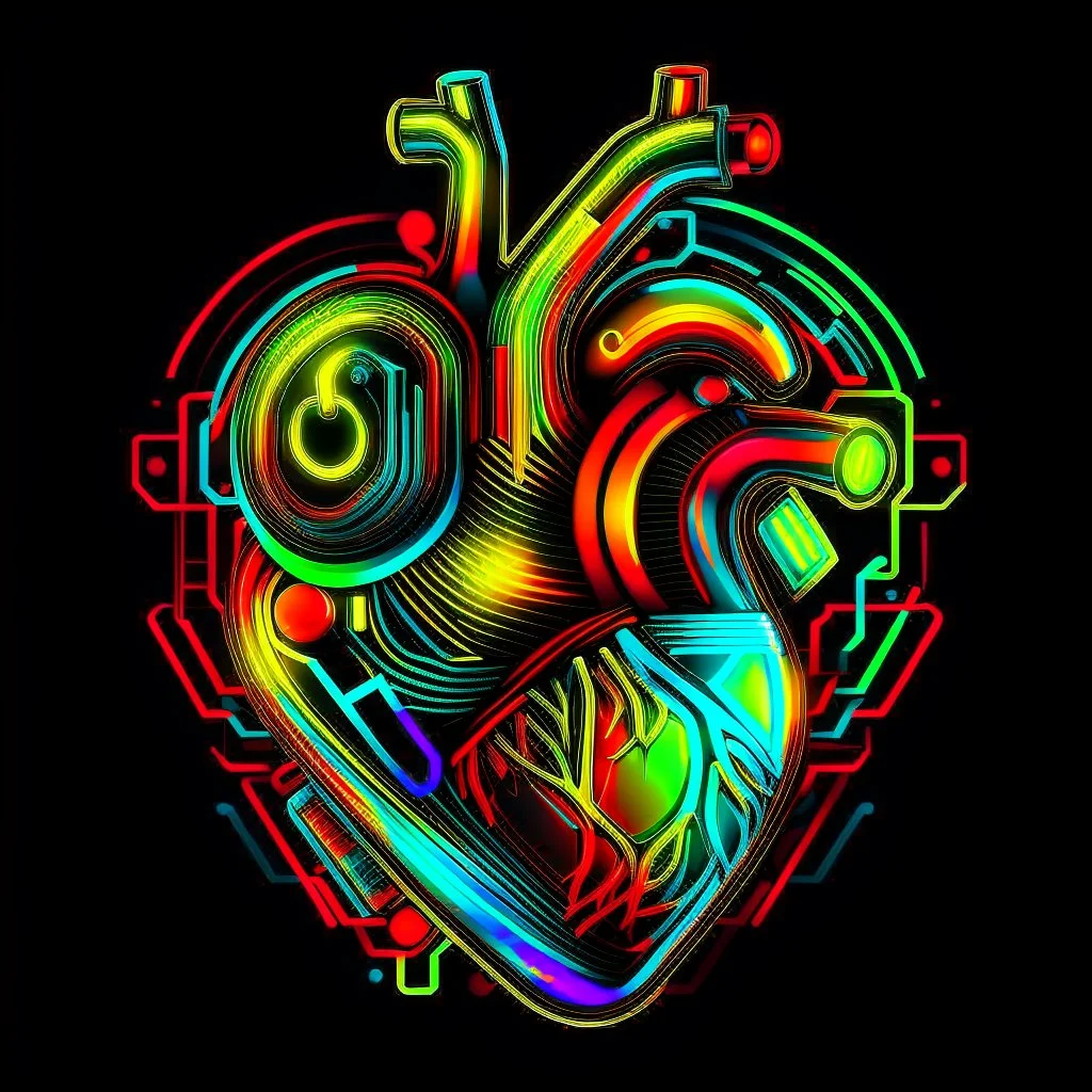 FLAT VECTOR LAYERED 2-D MULTICOLORED COMPLIMENTARY NEON MECHANICAL HUMAN HEART, METALLIC,