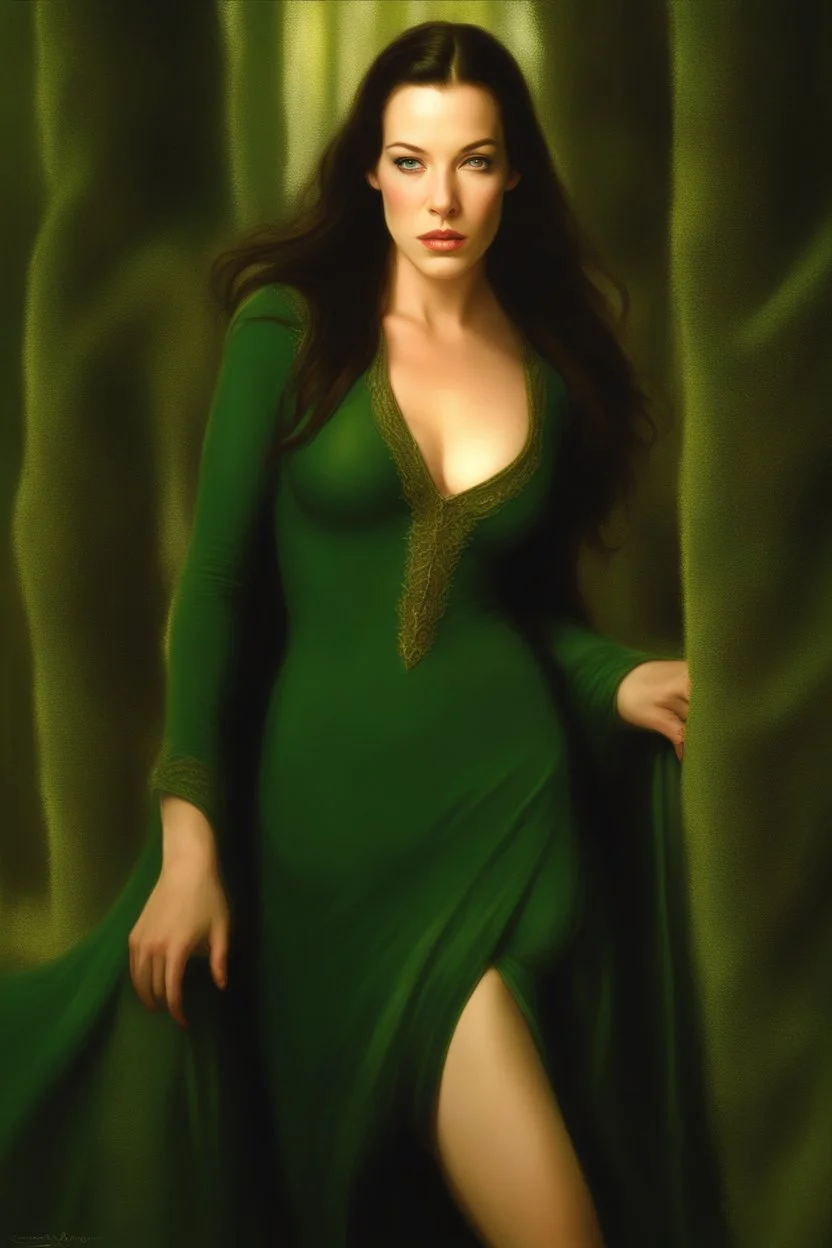 Young Liv Tyler as alluring Arwen in a green short tight dress, tempting posing, a detailed expressive painting by Ken Kelly, deviantart, movie still, reimagined by industrial light and magic