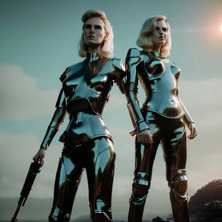 Ultra Realistic retro sci-fi movie war scene, waist up view portrait, blonde woman pointing a gun, sweet young Daryl Hannah face, perfect iris, glow eyes, makeup, weapon. War background, Retro sci-fi style, helmet, tight latex coat, fog, rain, soft color, highly detailed, unreal engine 5, ray tracing, RTX, lumen lighting, ultra detail, volumetric lighting, 3d, finely drawn, high definition, high resolution.