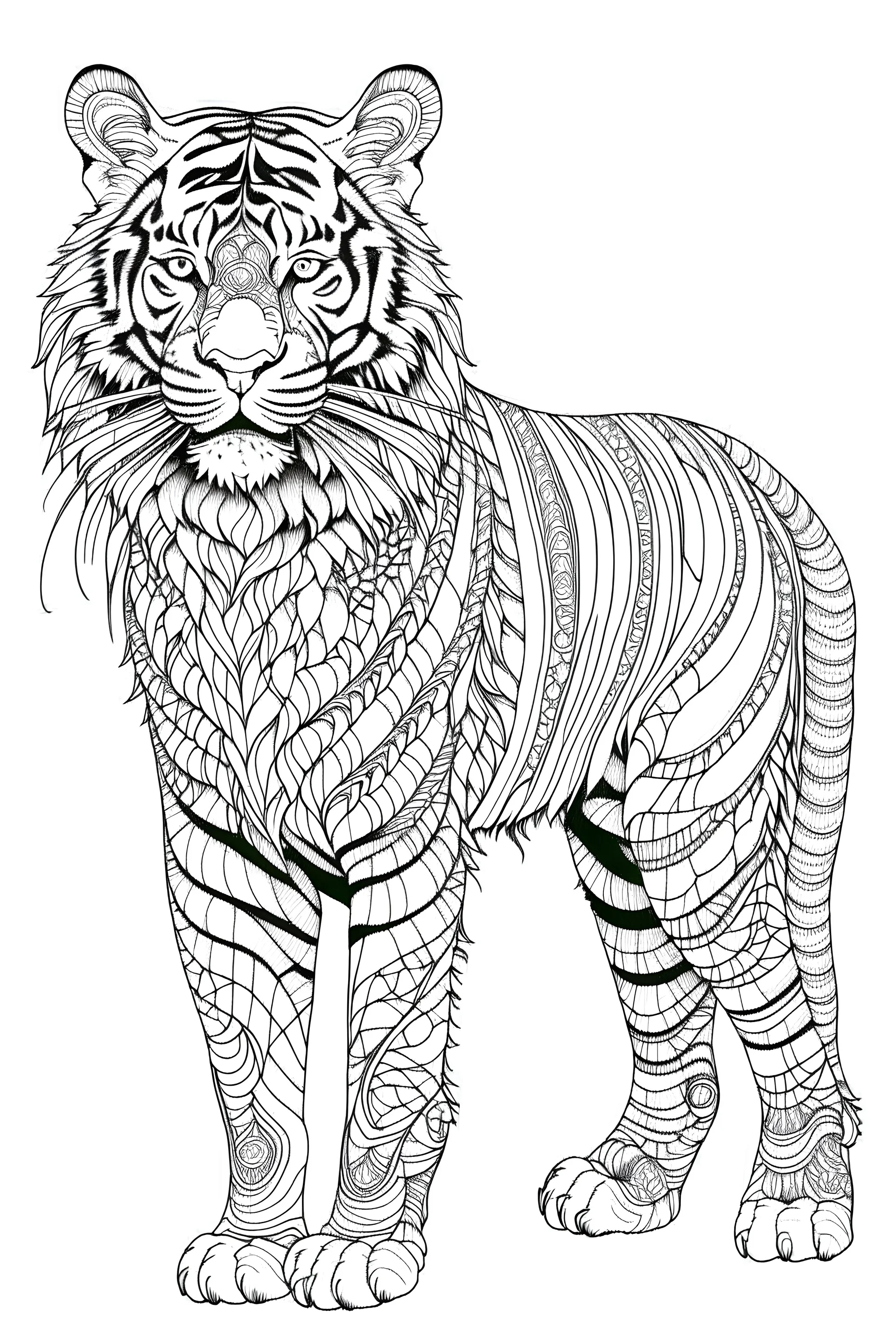 outline art for an Adult coloring page, Tiger with a white background, Sketch style, full body, only use outline< Mandala style, clean line art, white background, no shadows and clear and well