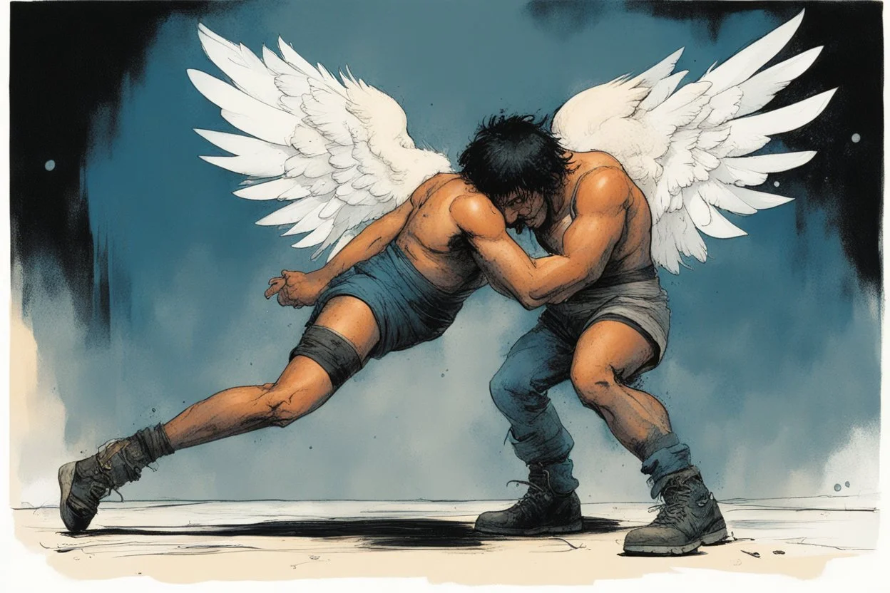 [art by Skottie Young and Bill Sienkiewicz] Jacob wrestling with angel