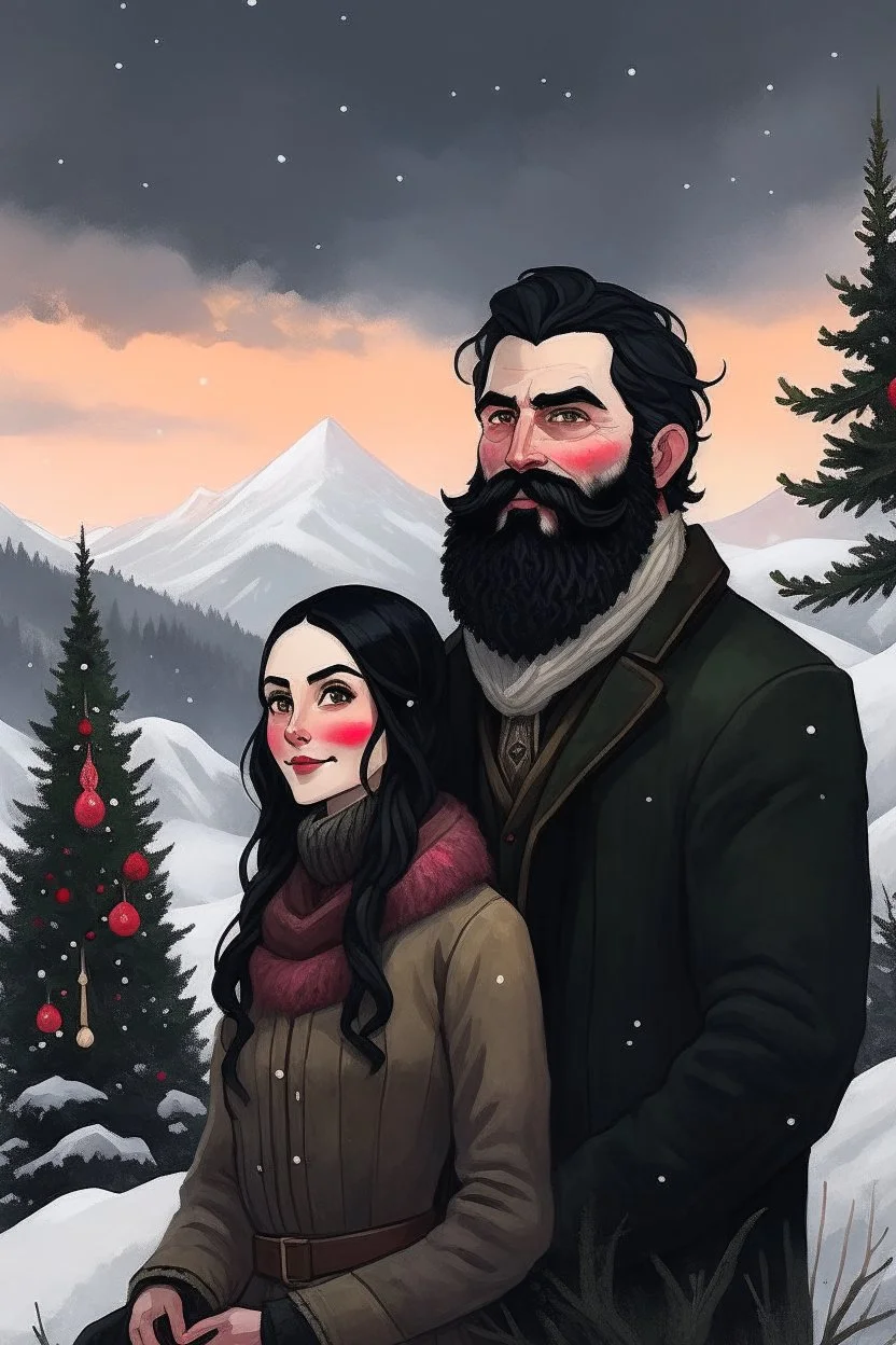 Mountain Christmas scene, dark haired couple, man with black beard art