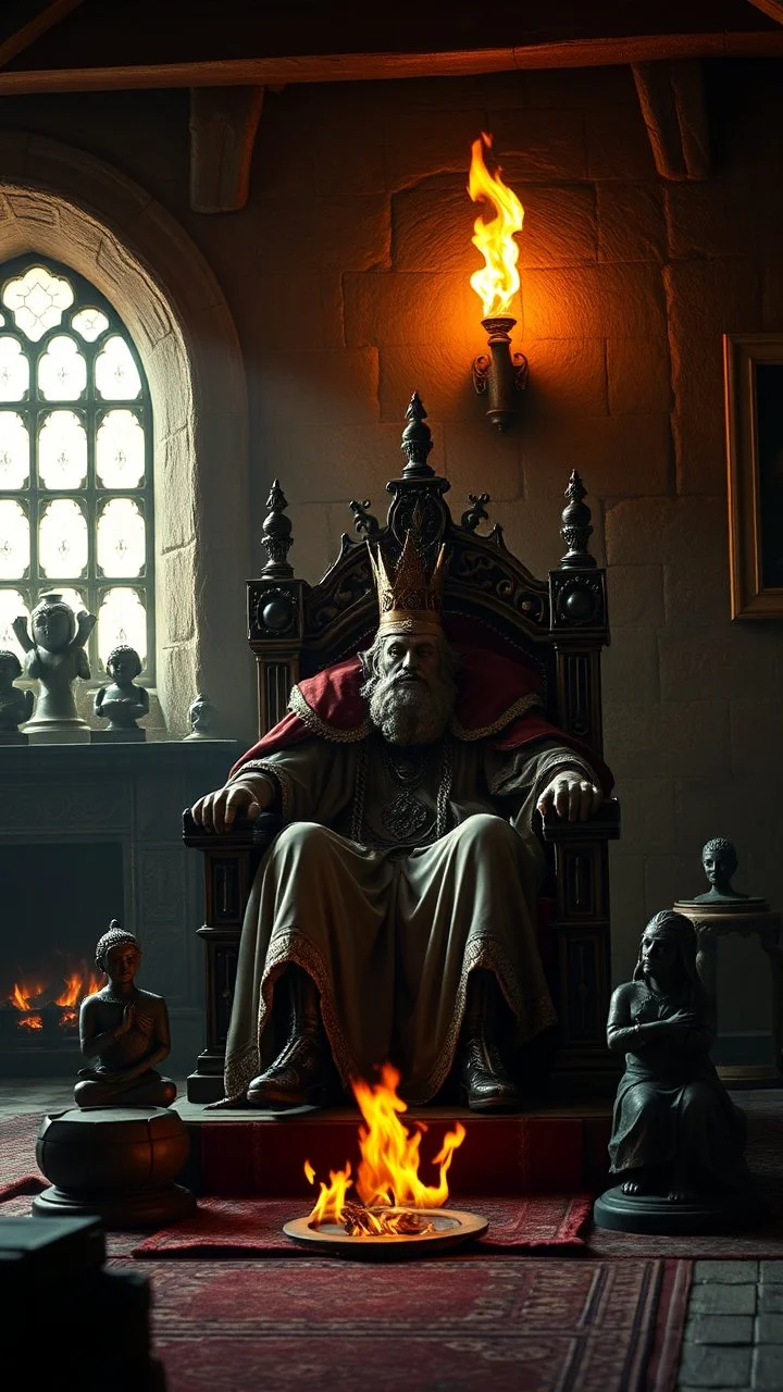 Create an image of king on his throne in an old house with a fireplace with strange statues in side a temple with dim light of fire torch on the wall in the background