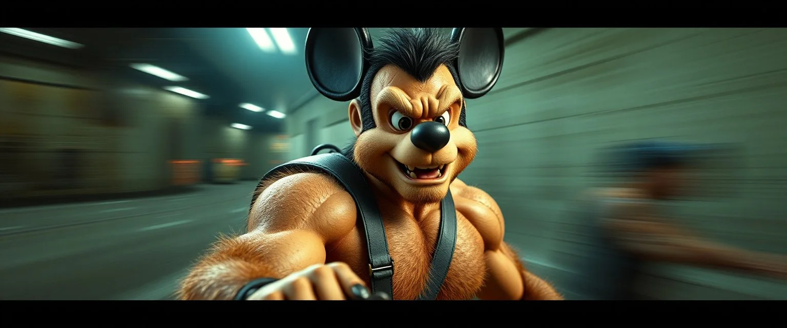 hi speed bad ass cyber punk masculine realistic mickey mouse rambo humanoid with hairy arms and chest, motion blurred background