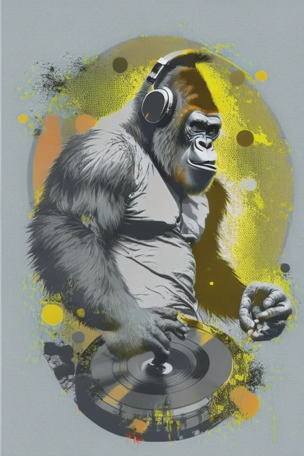 action shot of a Gorilla with headphone mixing music with Dj controller , DMT art,, tshirt vector, enclosed in a circle, sunshine, contour, white background