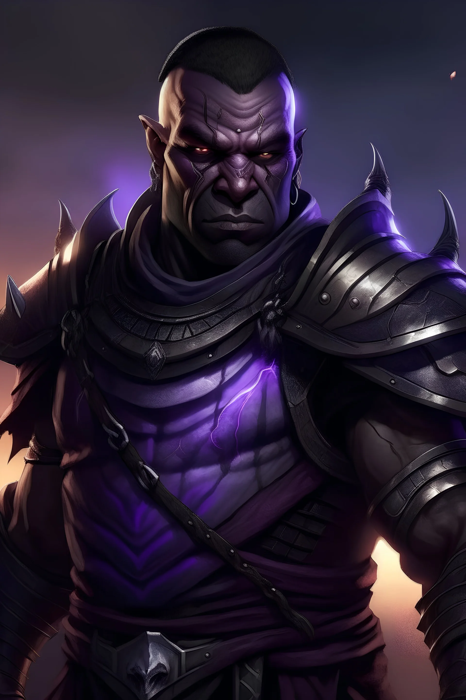 fantasy african male orc cleric with scarred skin and cornrowed black hair surrounded by glowing twilight wearing black and purple armor