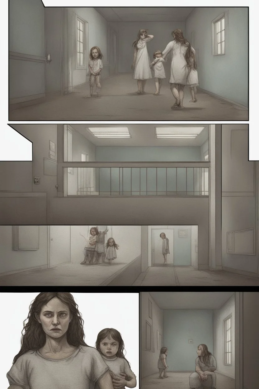 a giant woman protect 3 children, realistic style, interior of asylum