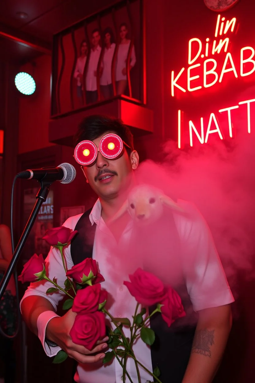 An spanish Guy with "popsicle" big eyes "Enrique" performing at dance club, his name is "Enrique" Red roses On stage, red Neon lights and smog, and "Din KEBAB I NATT" big sign on the wall, serenade under balcony,a female lamb on the balcony