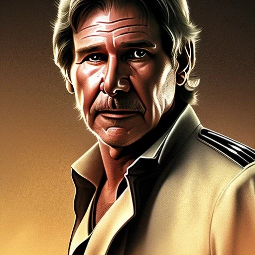 portrait of harrison ford as captain han solo, brown eyes, realistic, rough facial skin, cinematic lighting, photorealistic, volumetric light and shadow, hyper HD, octane render, unreal engine, insanely detailed and intricate, hyper-realistic, space background, colored pencils on white papet