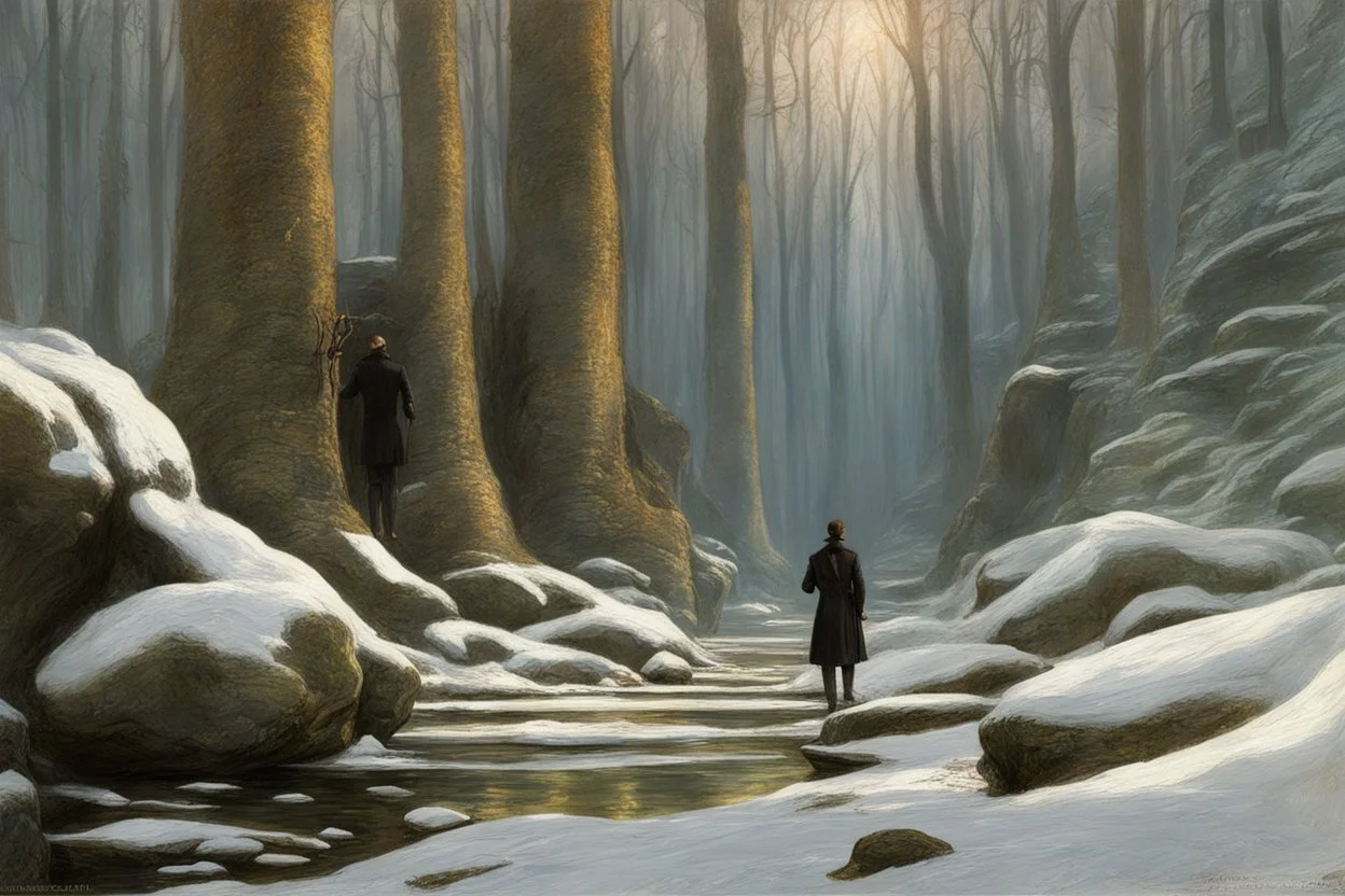 sunny day, underworld saga movies influence, rocks, trees, gothic, winter, trascendent influence, very epic, concept art, emile claus and auguste oleffe impressionism painting