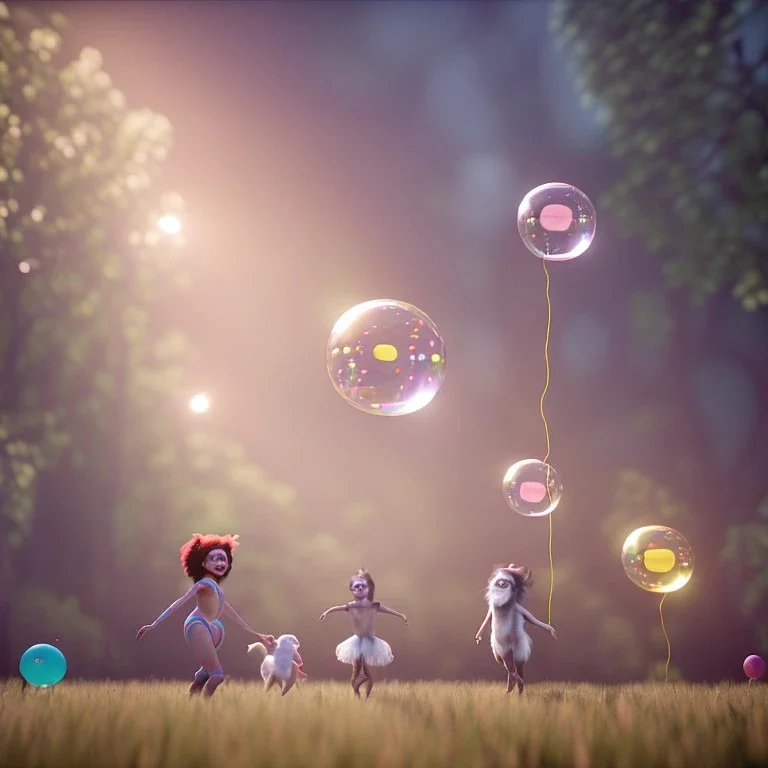 Ultra realistic circus scene. Sweet one hair monster and Child’s playing, smile, happy, color bubbles, smooth color, waist up view, Wes Anderson style, dark ambient, highly detailed, concept art, unreal engine 5, god rays, ray tracing, RTX, lumen lighting, ultra detail, volumetric lighting, 3d, finely drawn, high definition, high resolution.