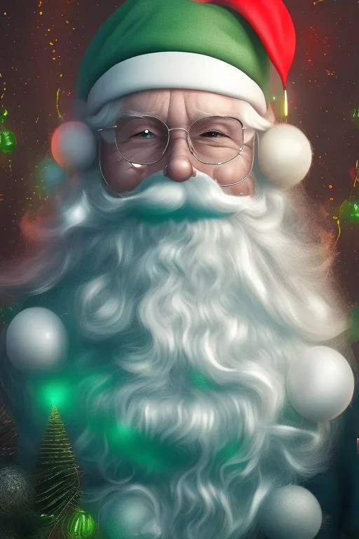 Santa, translucent, wearing green mask, white fire, red green blue, high definition, ultra 8 k, liquid lighting, fire, rain, realistic