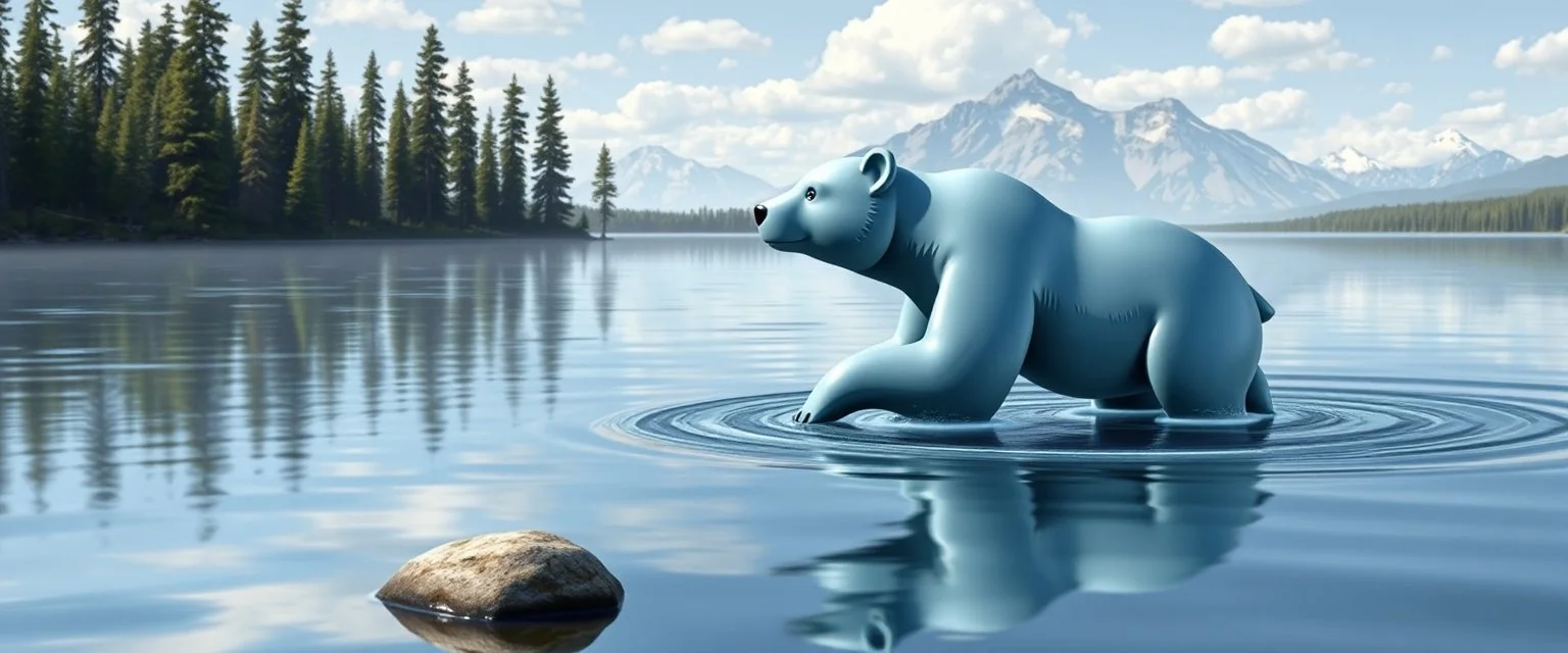 airbrush 3d rendering, bear in lake, business logo