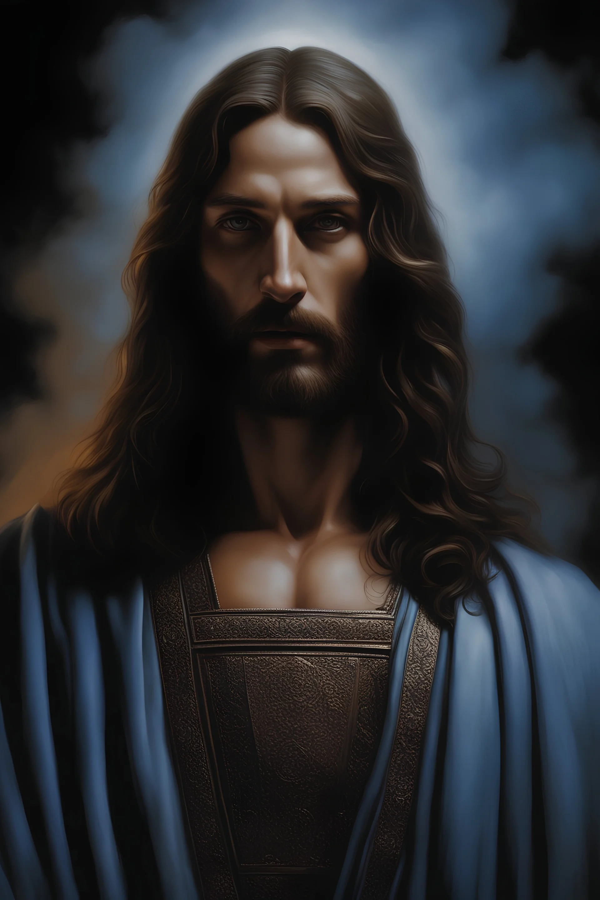 3D Portrait of Jesus of Nazareth, perfect body, perfect face, perfect eyes, dark hair, glamorous, gorgeous, delicate, romantic, realistic, romanticism, blue tones, Boris Vallejo - Pitch black Background - dark, wood panel wall in the background - fire, fog, mist, smoke