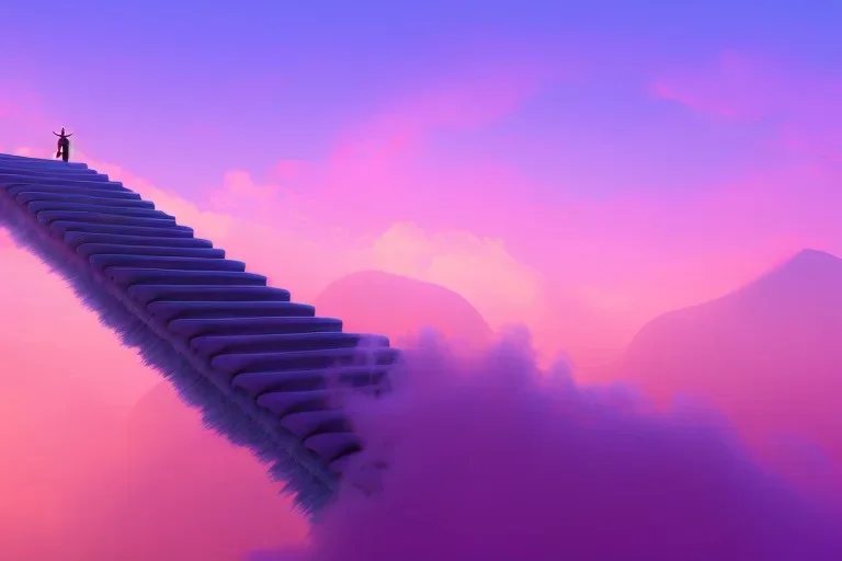 mystical long stairway up to heaven in the sky, atmospheric pink mist, beautiful colours, fine art, trending on artstation, masterpiece